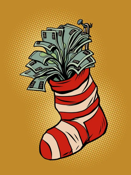 Pénz bónusz díj ajándék jövedelem nyereség karácsonyi zokni ajándékok — Stock Vector