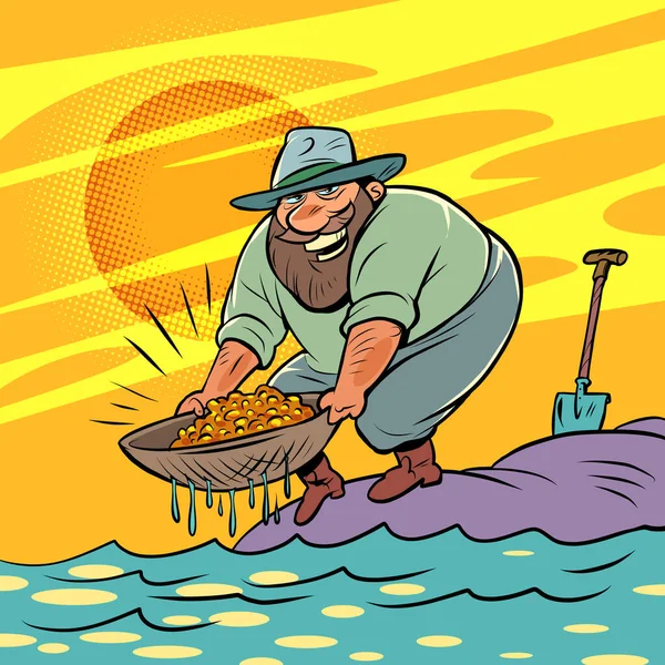 Ein Goldsucher wäscht Gold im Fluss. Glücklicher Reichtum — Stockvektor