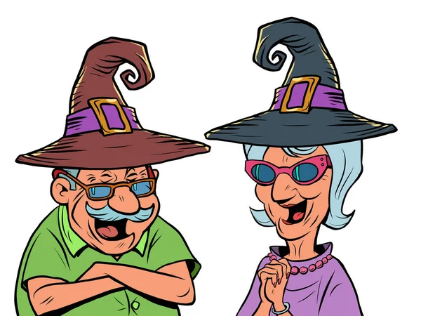 An old man and an old women couple in halloween hats laugh. love and friendship — Stock Vector