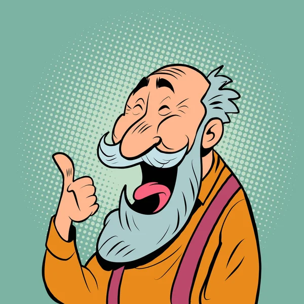 En gammal man med grått skägg skrattar. Positiv äldre senor — Stock vektor