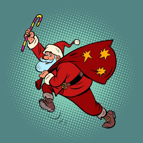 Père Noël avec une sucette et un sac de cadeaux est pressé pour Noël — Image vectorielle
