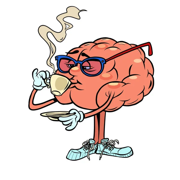 Bebiendo una taza de café caliente cerebro humano carácter, inteligente — Vector de stock