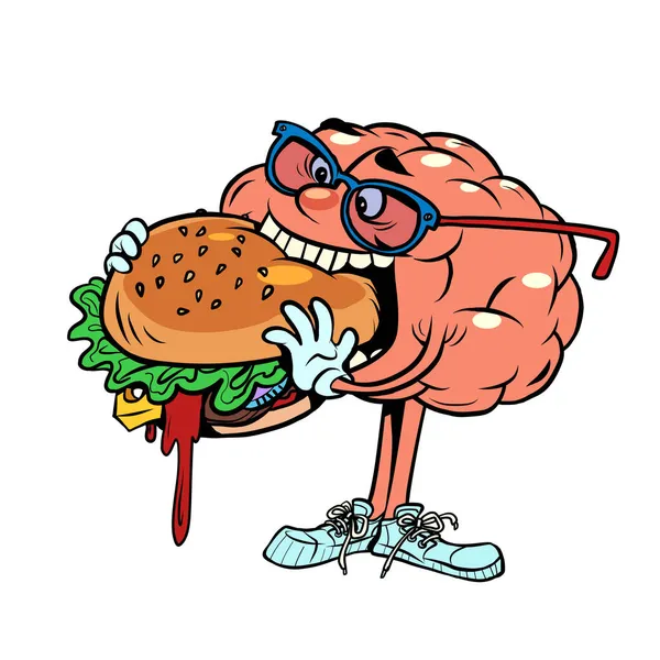 Comer delicioso hambúrguer fast food caráter cérebro humano, inteligente sábio — Vetor de Stock