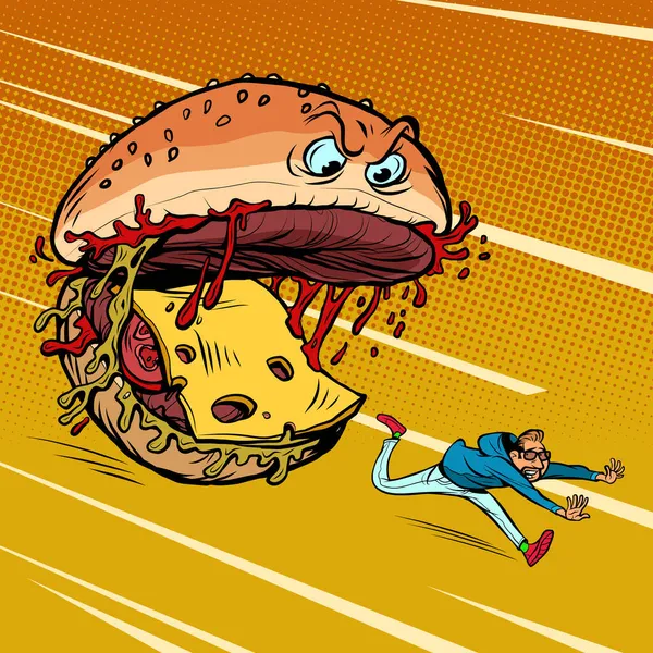 Hamburguesa con queso monstruo personaje se come a un humano. Peligrosa comida rápida. Ataque alimentario — Vector de stock