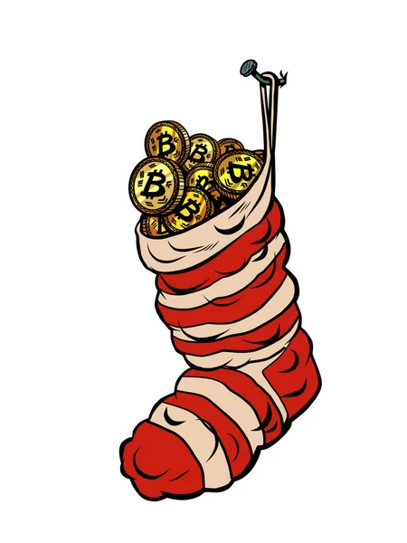 Bitcoin criptomoneda dinero ingresos prima beneficio calcetín de Navidad para regalos — Vector de stock