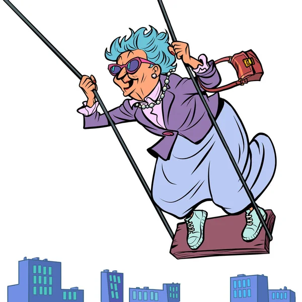 En gammal kvinna på en gunga, skrattar och har kul, flyger över staden — Stock vektor