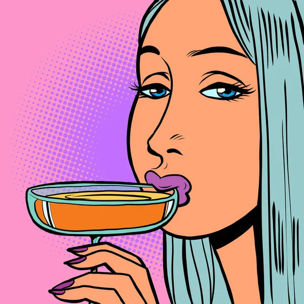 Uma mulher bebe um cocktail de um copo. Bebida alcoólica. Vida noturna —  Vetores de Stock
