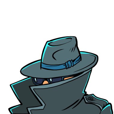 Yağmurluk, şapka ve siyah gözlüklü, yüzü örtülü bir casus.