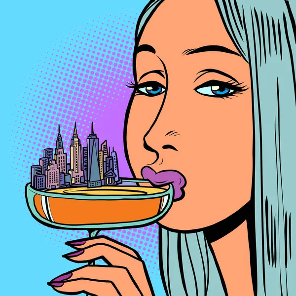Una festa di New York, una donna con un cocktail alcolico. Vita da night club — Vettoriale Stock