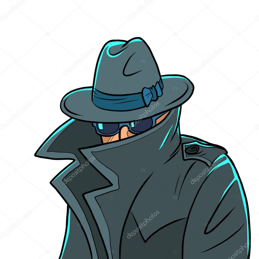 spy in a raincoat, hat and black glasses, covered face