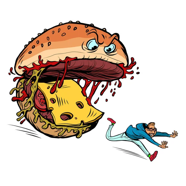 Hamburguesa con queso monstruo personaje se come a un humano. Peligrosa comida rápida. Ataque alimentario — Vector de stock