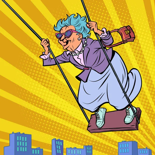 En gammal kvinna på en gunga, skrattar och har kul, flyger över staden — Stock vektor