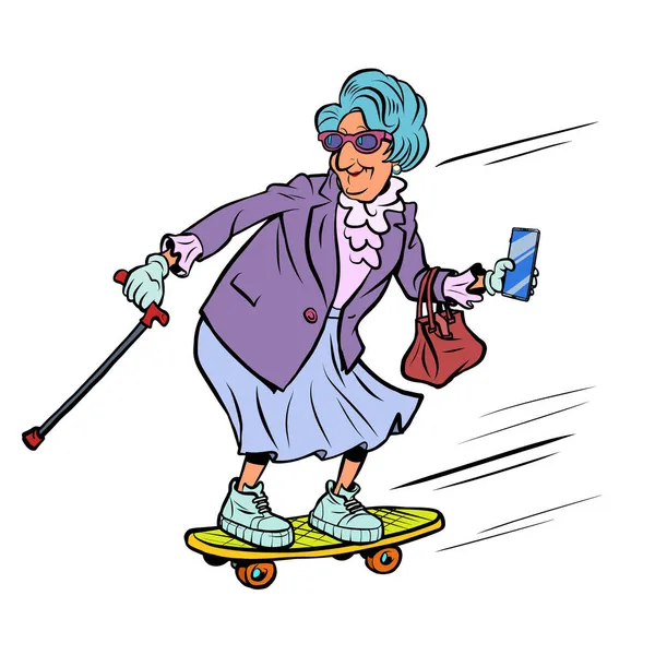 Oma rijdt op een skateboard, actieve recreatie van ouderen. Straatsporten — Stockvector