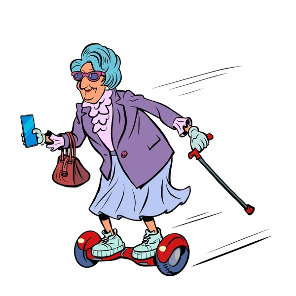Grand-mère monte un scooter gyroscopique, récréation active des personnes âgées. Sports de rue — Image vectorielle
