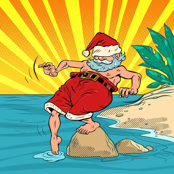 Der Weihnachtsmann ruht sich im Resort am Strand am Meer aus. Weihnachten und Neujahr Winterferien — Stockvektor