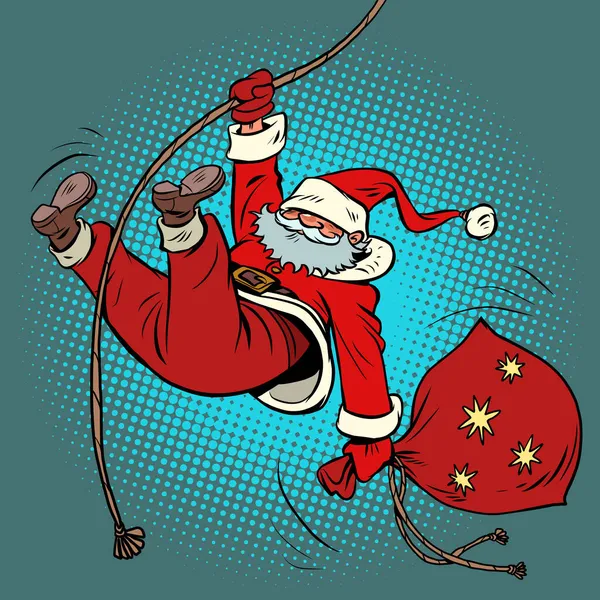 Санта Клаус спускається на мотузці з подарунками. Різдво та новорічні зимові канікули. — стоковий вектор