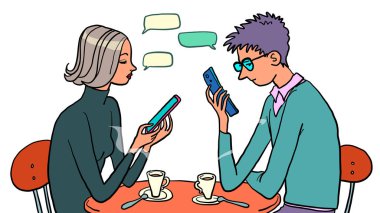 Çevrimiçi bağımlılık. Bir erkek ve bir kadın birbirlerini görmezden geliyor ve akıllı telefonlara, internet sörflerine bakıyorlar.