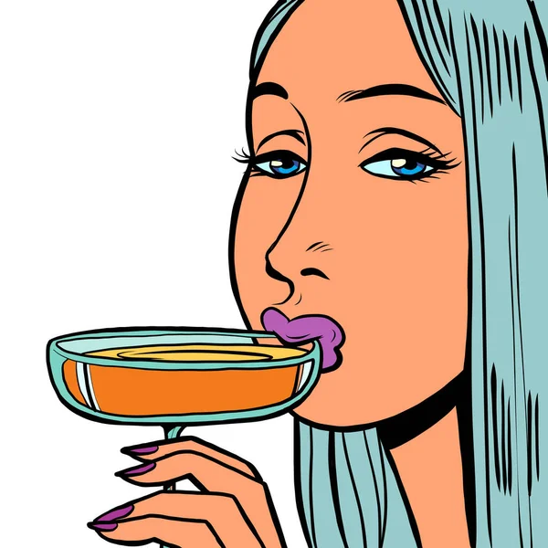 Una mujer bebe un cóctel de una copa. Bebida alcohólica. Vida nocturna — Vector de stock