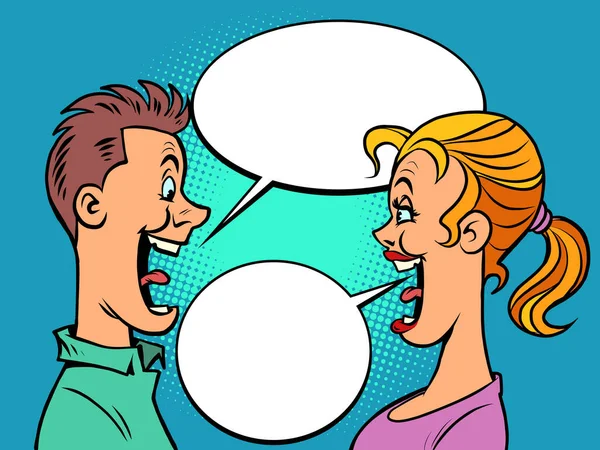Vreugdevolle communicatie van jonge man en vrouw, vriend en vriendin praten — Stockvector