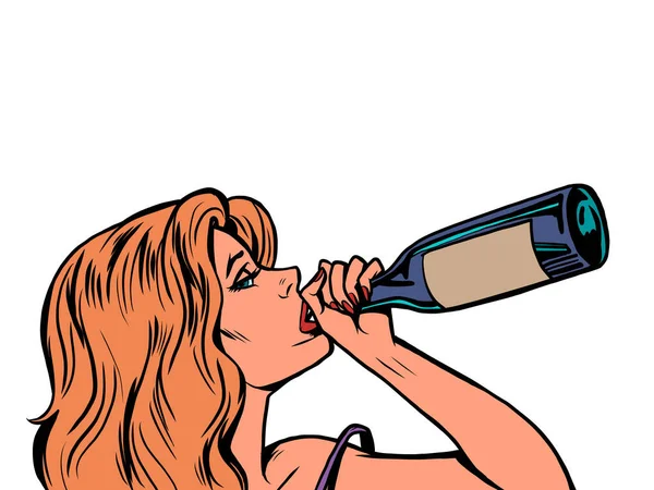 Een vrouw drinkt wijn uit de keel van een fles, depressie en eenzaamheid — Stockvector