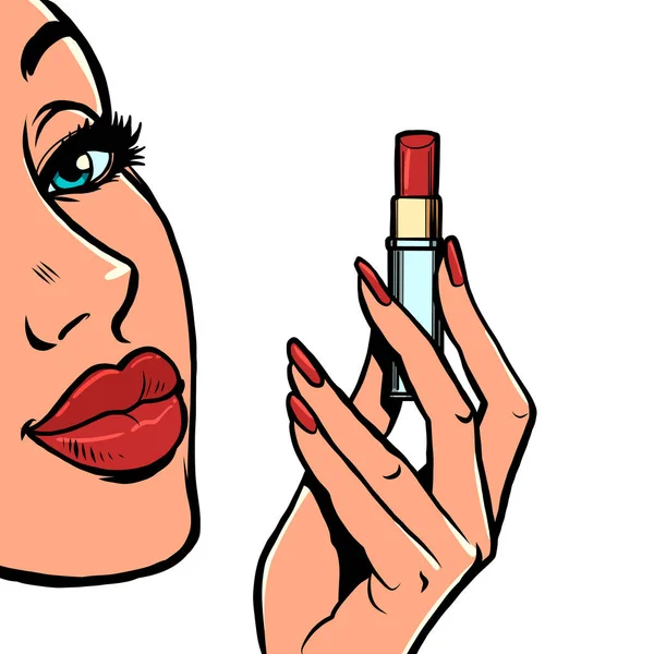 Una mujer se pinta los labios con lápiz labial rojo, cosméticos de maquillaje — Vector de stock