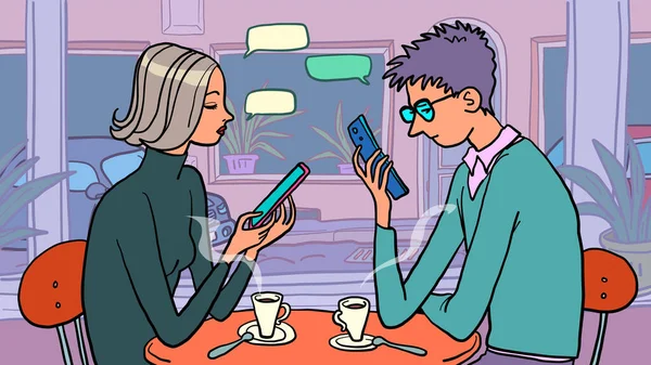 Vício on-line um homem e uma mulher ignoram uns aos outros e olhar para um smartphone, internet surf —  Vetores de Stock