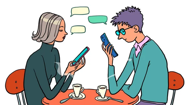 Dipendenza online un uomo e una donna si ignorano a vicenda e guardare in uno smartphone, navigazione su internet — Vettoriale Stock