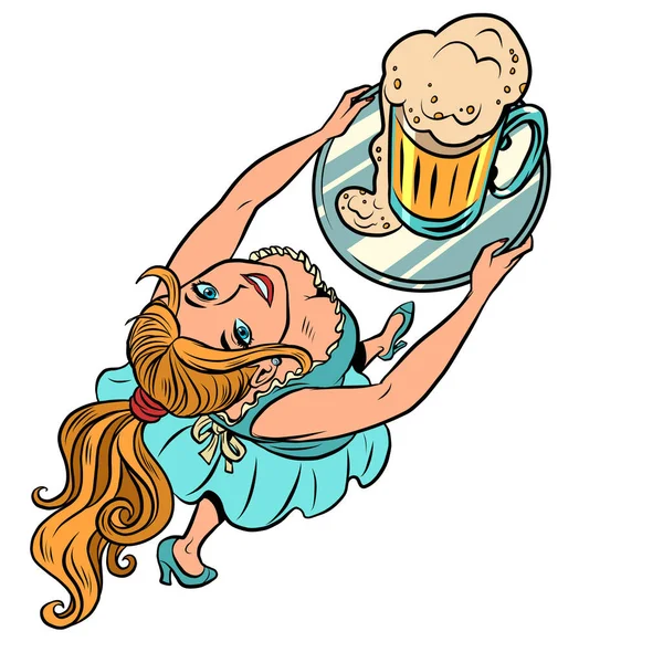 Camarera sonriente con una taza de cerveza, oktoberfest, bar restaurante pub — Vector de stock