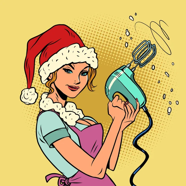 Noel Baba 'lı bir kadın, el çırpıcısı, mutfakta bir ev hanımı Noel yemeği pişiriyor. — Stok Vektör