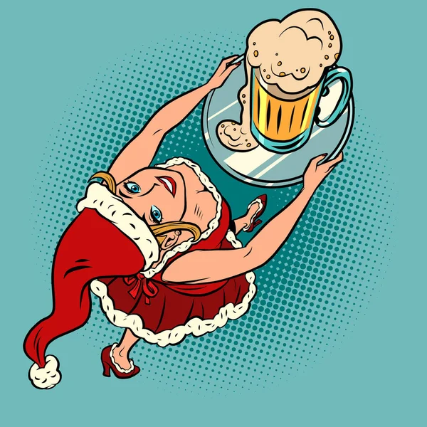 Sonriente camarero de Santa Claus con una taza de cerveza, restaurante pub bar de Navidad — Archivo Imágenes Vectoriales