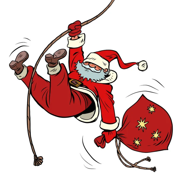 Święty Mikołaj schodzi na linie z prezentami. Boże Narodzenie i Nowy Rok ferie zimowe — Wektor stockowy