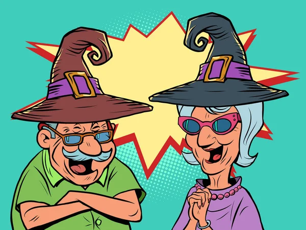 Starý muž a stařeny v halloweenských kloboucích se smějí. láska a přátelství — Stockový vektor