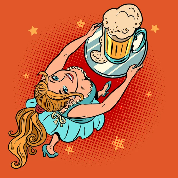 Serveur féminin souriant avec une tasse de bière, oktoberfest, bar pub restaurant — Image vectorielle
