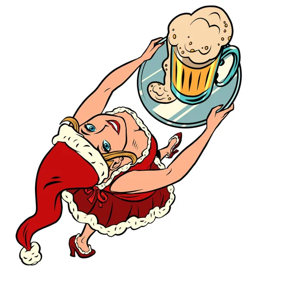 Χαμογελαστός σερβιτόρος Άγιος Βασίλης με κούπα μπύρας, Χριστουγεννιάτικο μπαρ εστιατόριο παμπ — Διανυσματικό Αρχείο