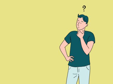 Genç bir adam düşünür, sorular sorar. Soru işareti sembolü. Bilmeceler ve çözümler