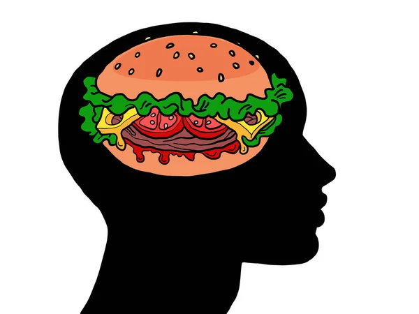 Hamburger street food fame Pensieri nella silhouette della testa, sogni. — Vettoriale Stock