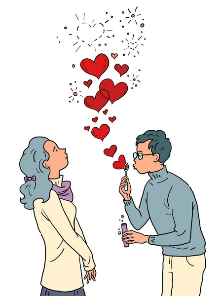 一个年轻的男人和一个女孩爱上了情人节，肥皂泡沫 — 图库矢量图片