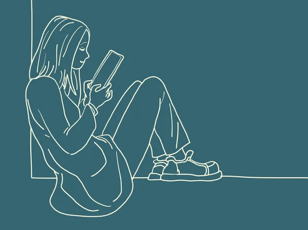Een jonge vrouw meisje zit op de vensterbank bij het raam en leest een smartphone — Stockvector