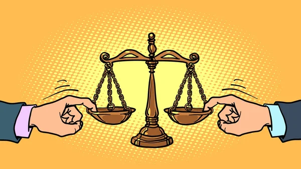 Corrupt court concept. Politicians influence the judge. scales of justice, a symbol of judicial power and an honest decision, a weight meter — Vetor de Stock