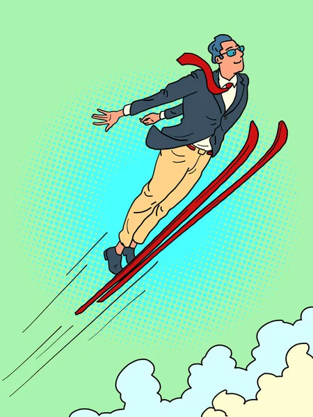 Uomo d'affari salto da salto con gli sci, sport invernali — Vettoriale Stock