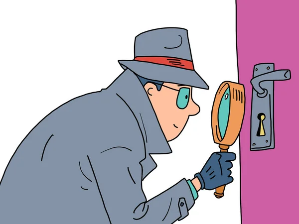 Detectives Magnifying glass peeping through the keyhole of the door. a private detective, a man in a coat, hat and glasses — Stock Vector