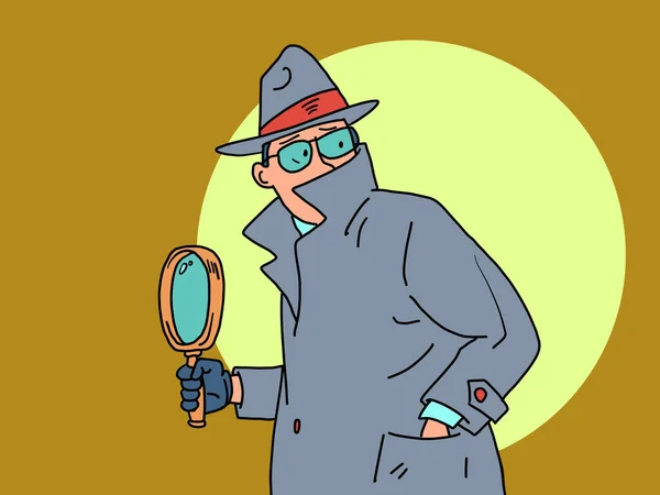 Детектив и увеличительное стекло. частный детектив, человек в пальто, шляпе и очках — стоковый вектор