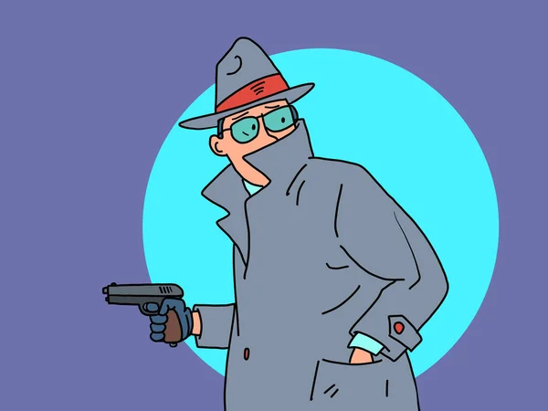 Detektiv se zbraní v ruce. soukromý detektiv, muž v kabátě, klobouku a brýlích — Stockový vektor