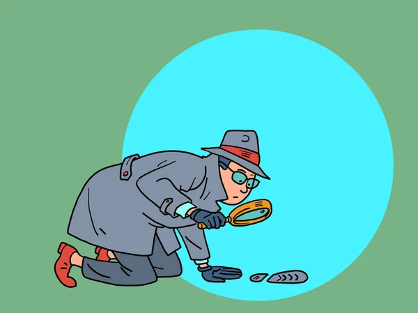 Un detective con una lupa examina las huellas. un detective privado, un hombre con abrigo, sombrero y gafas — Vector de stock