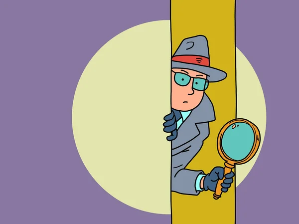 The detective looks out with a magnifying glass from behind the door, a man in a coat, hat and glasses — Stock Vector