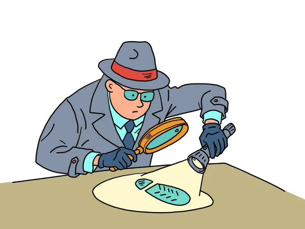 懐中電灯付きの探偵は、歩道、コート、帽子、眼鏡の男を調査します。 — ストックベクタ