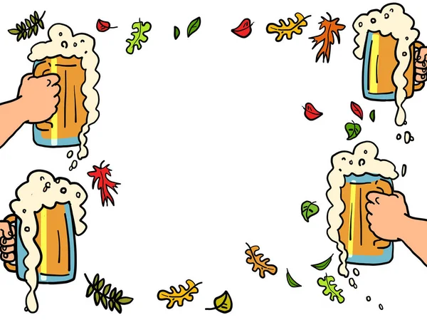 Tazas de cerveza con fondo de espuma, pub restaurante cerveza fiesta, oktoberfest — Archivo Imágenes Vectoriales