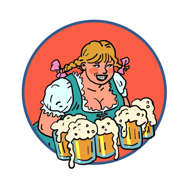 Bierfeest, oktoberfeest. de serveerster is een jonge vrouw met biermokken in nationale Duitse kleding — Stockvector