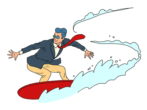 Ένας επιχειρηματίας σε ένα water board ασχολείται με surfing, speed και καλοκαιρινά αθλήματα — Διανυσματικό Αρχείο