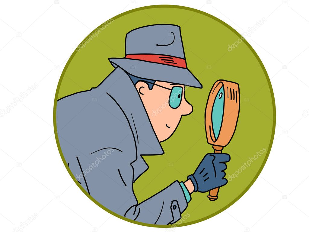 Un hombre naranja detective, sosteniendo una lupa, examinando
